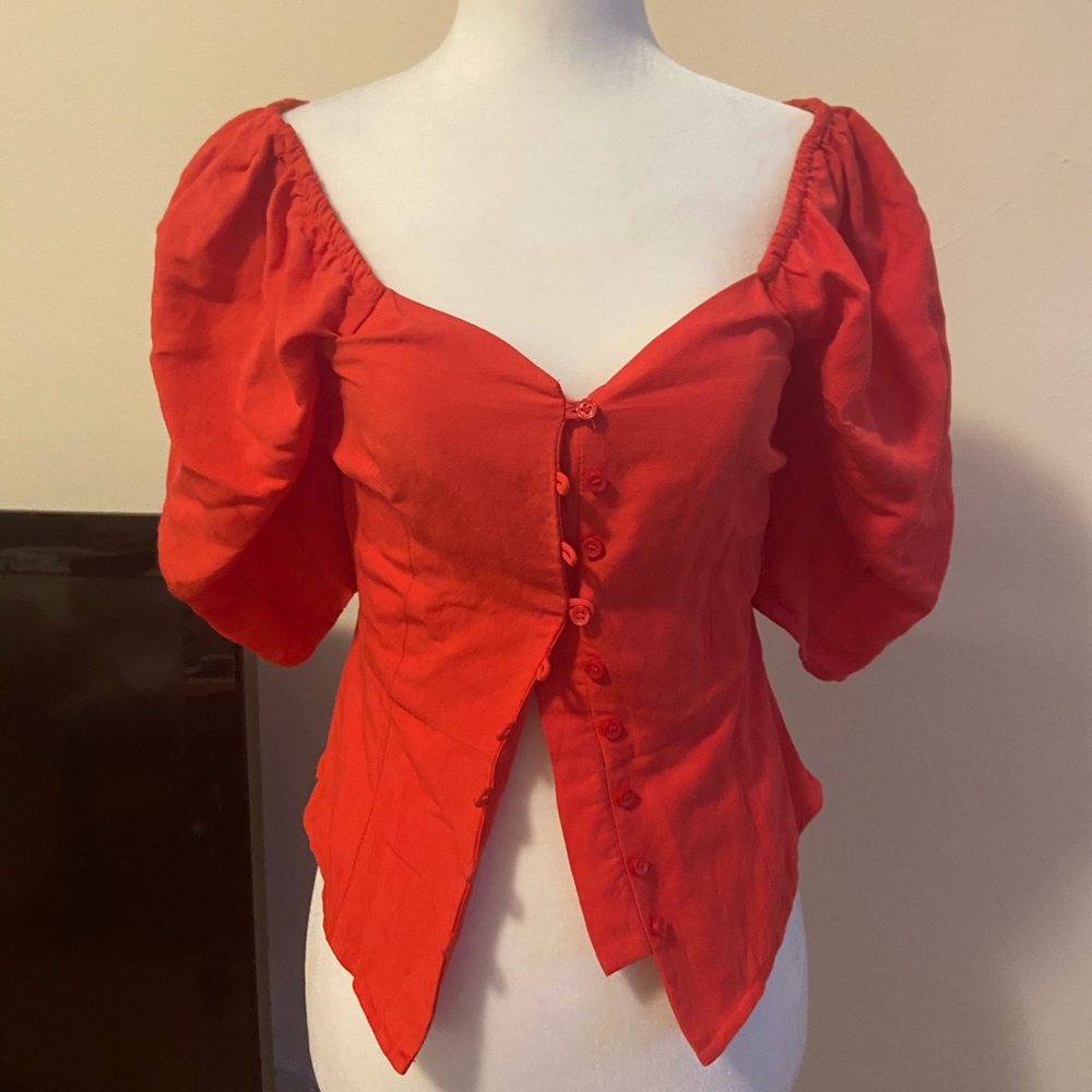 Linen top square neck puff sleeves